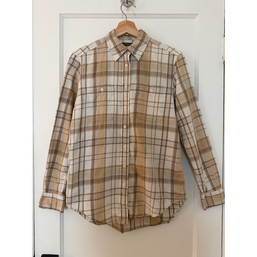 Lauren Ralph Lauren Plaid Button Down Shirt Tan Cream Preppy Old Money Western S